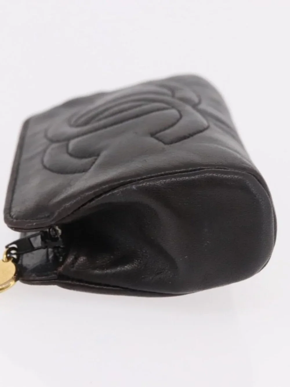 CHANEL COCO Mark Pouch Leather Black Gold CC Auth 189572